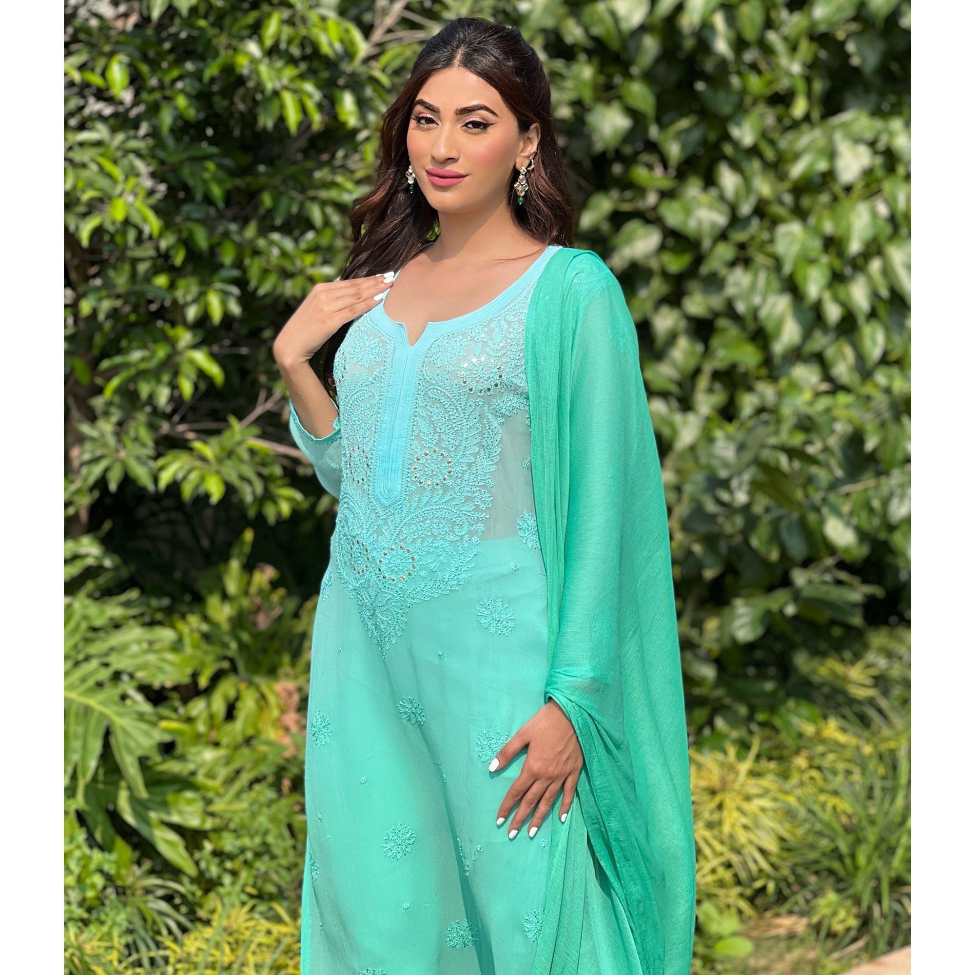 Blue Floral Lucknowi Embroidered & Mukaish Work Georgette Kurti Pant Set With Dupatta - Peachmode