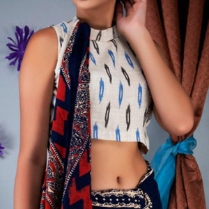 Blue Floral Paisley printed Linen Saree - Peachmode