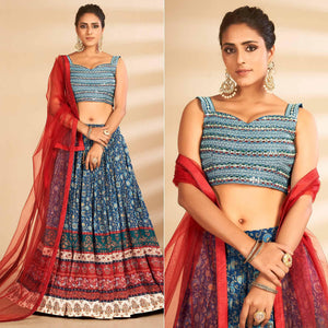 Blue Floral Printed Art Silk Lehenga Choli - Peachmode