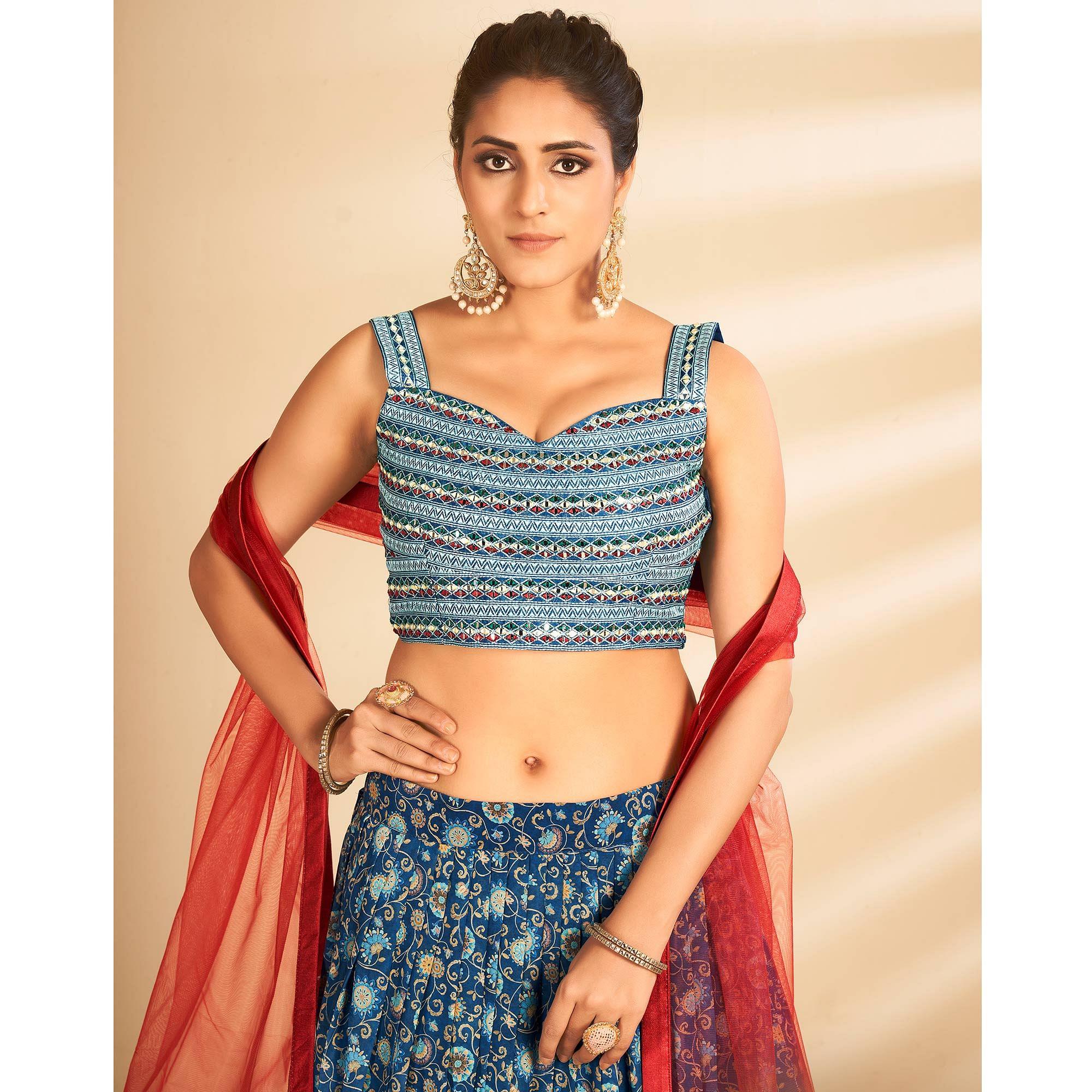 Blue Floral Printed Art Silk Lehenga Choli - Peachmode