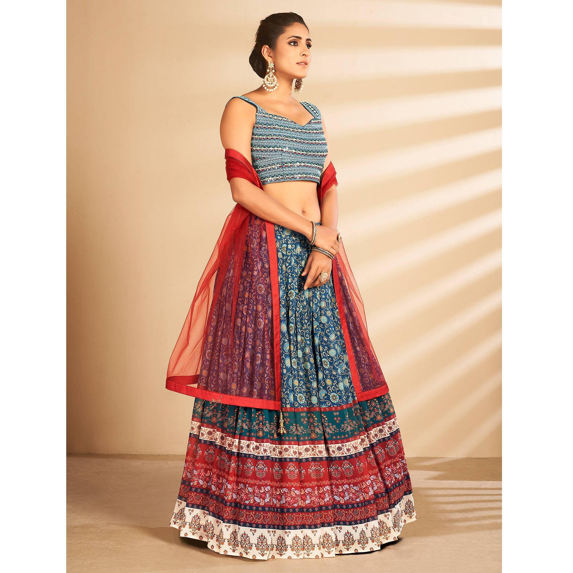 Blue Floral Printed Art Silk Lehenga Choli - Peachmode