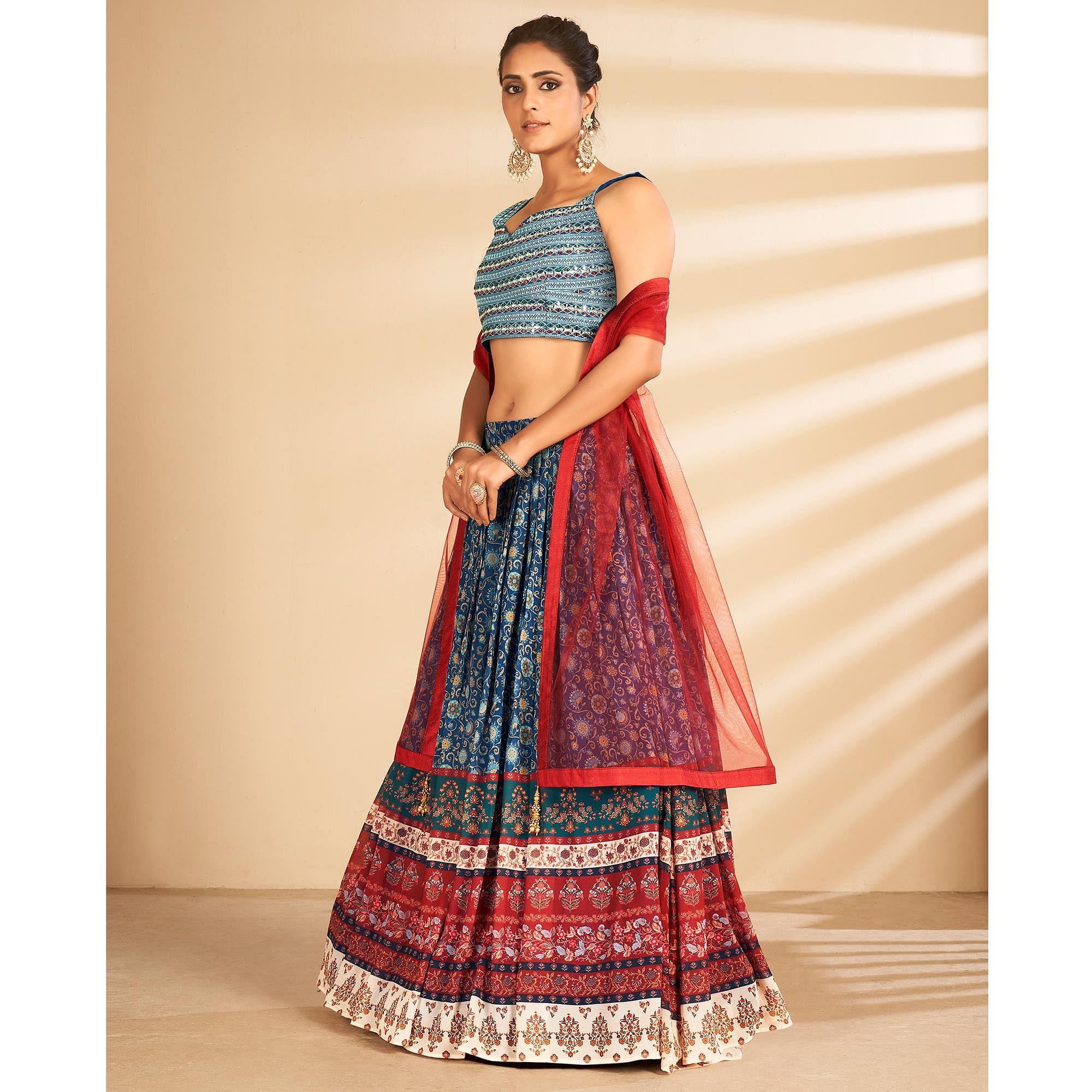 Blue Floral Printed Art Silk Lehenga Choli - Peachmode