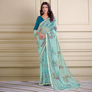 Blue Floral Printed Brasso Saree - Peachmode