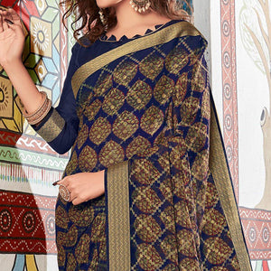 Blue Floral Printed Brasso Saree - Peachmode