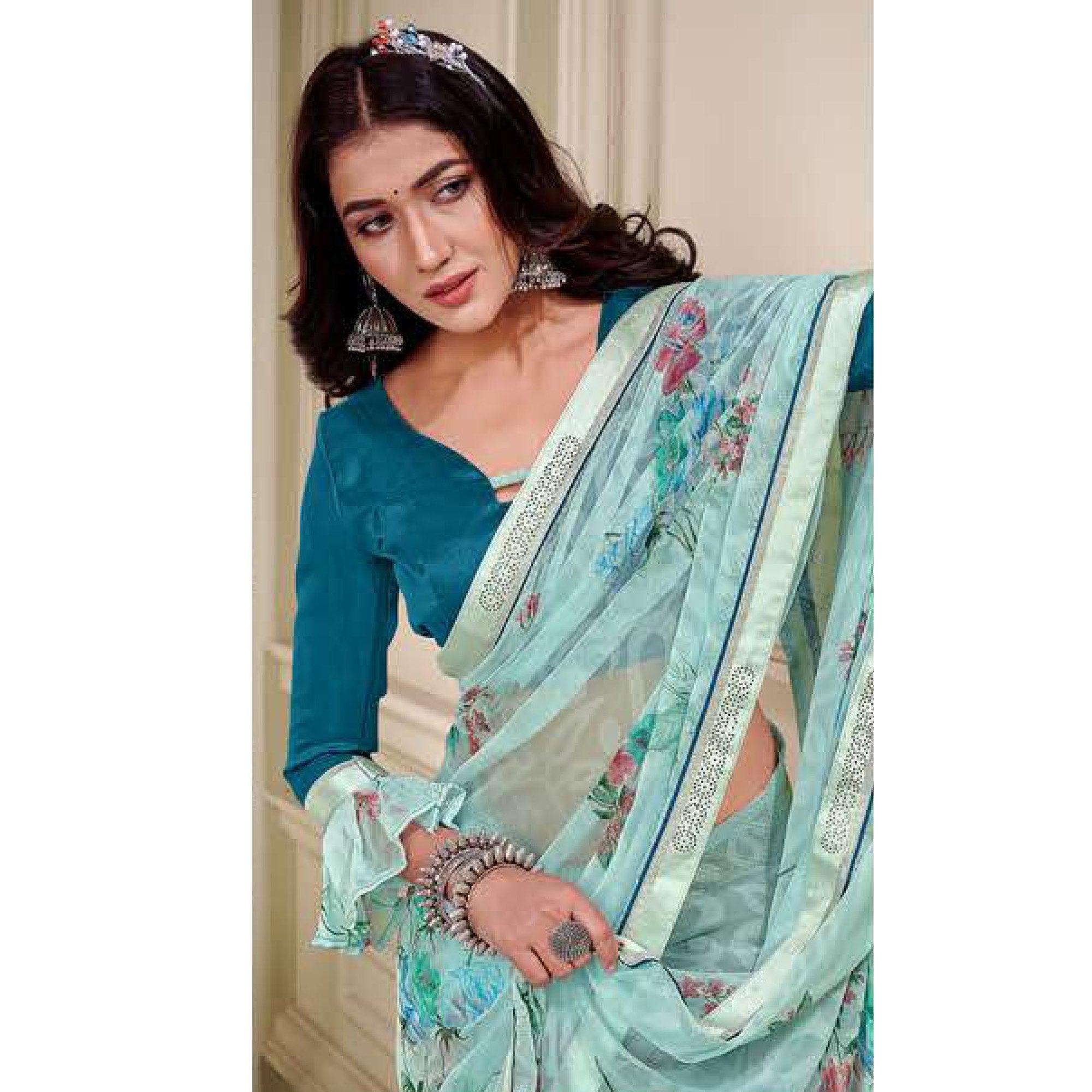 Blue Floral Printed Brasso Saree - Peachmode
