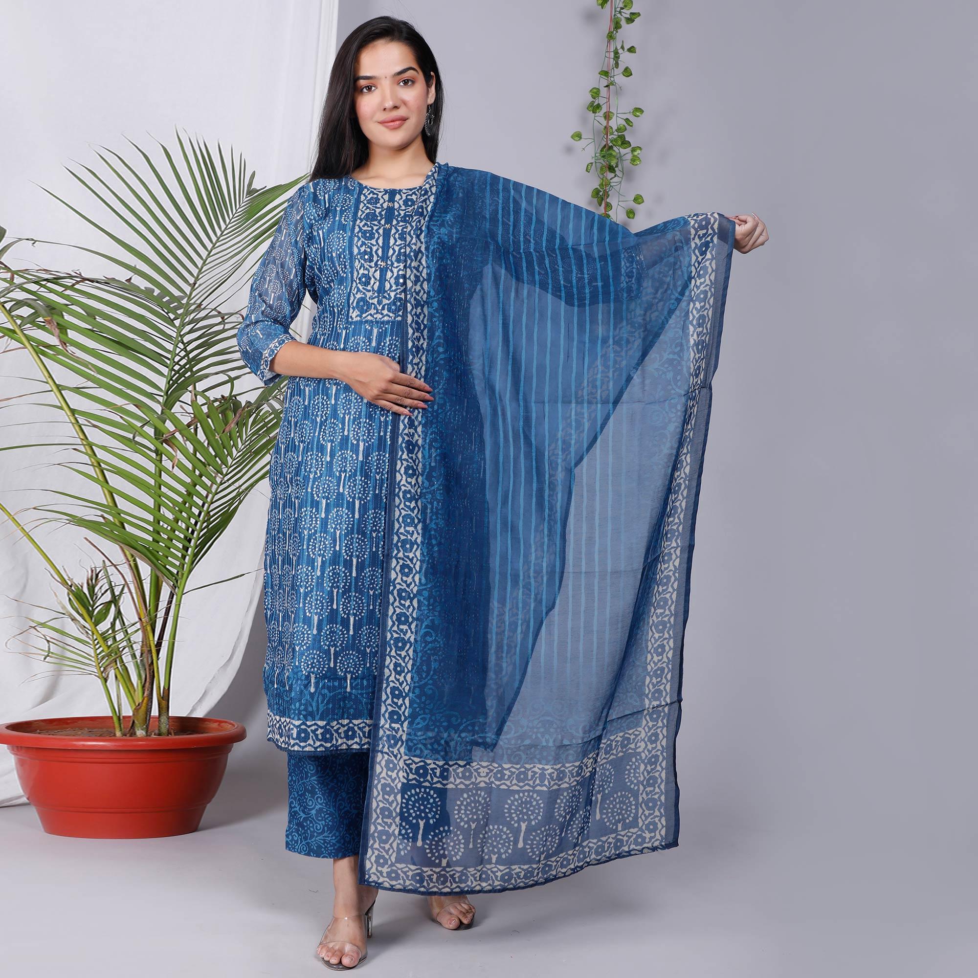 Blue Floral Printed Chanderi Salwar Suit - Peachmode