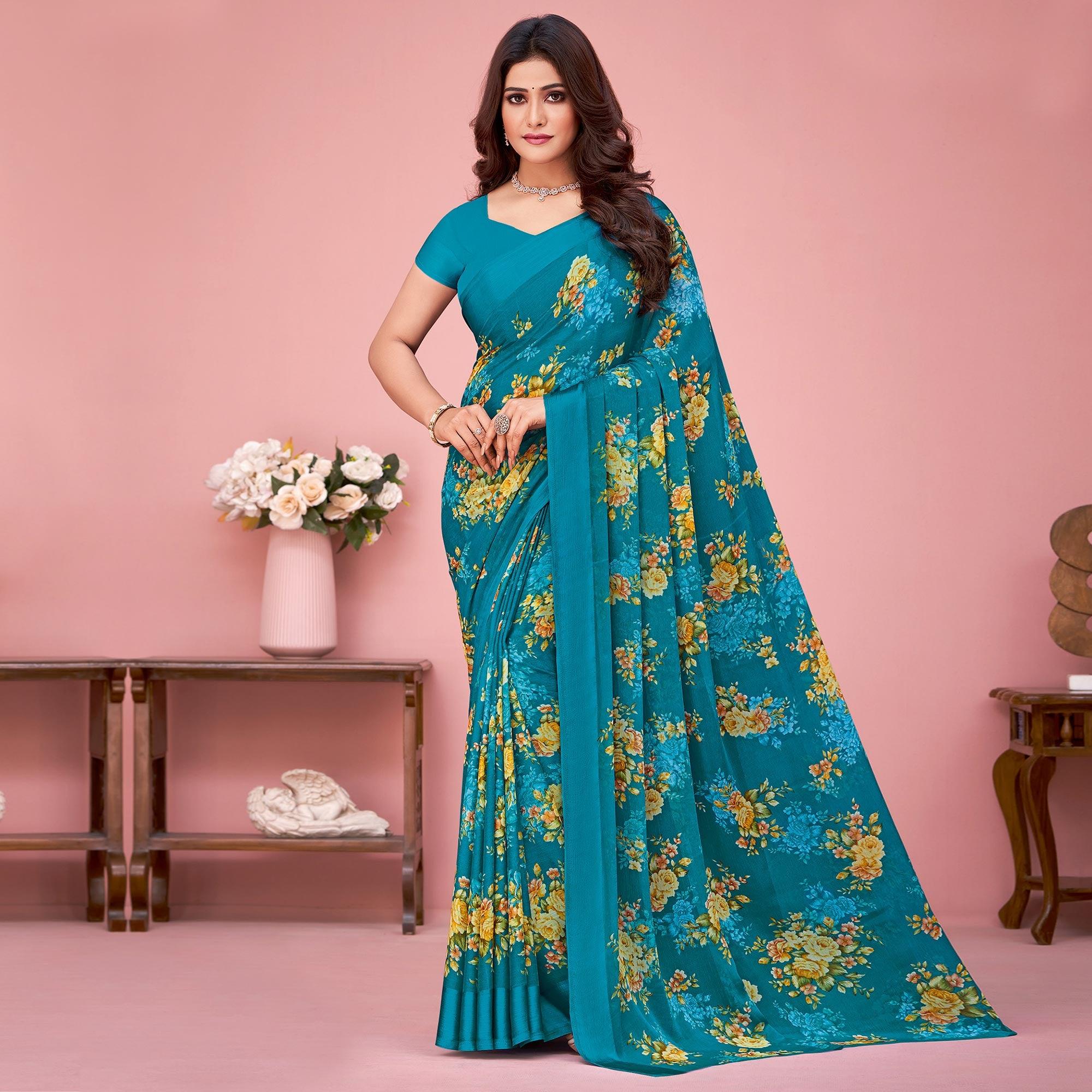 Blue Floral Printed Chiffon Saree - Peachmode