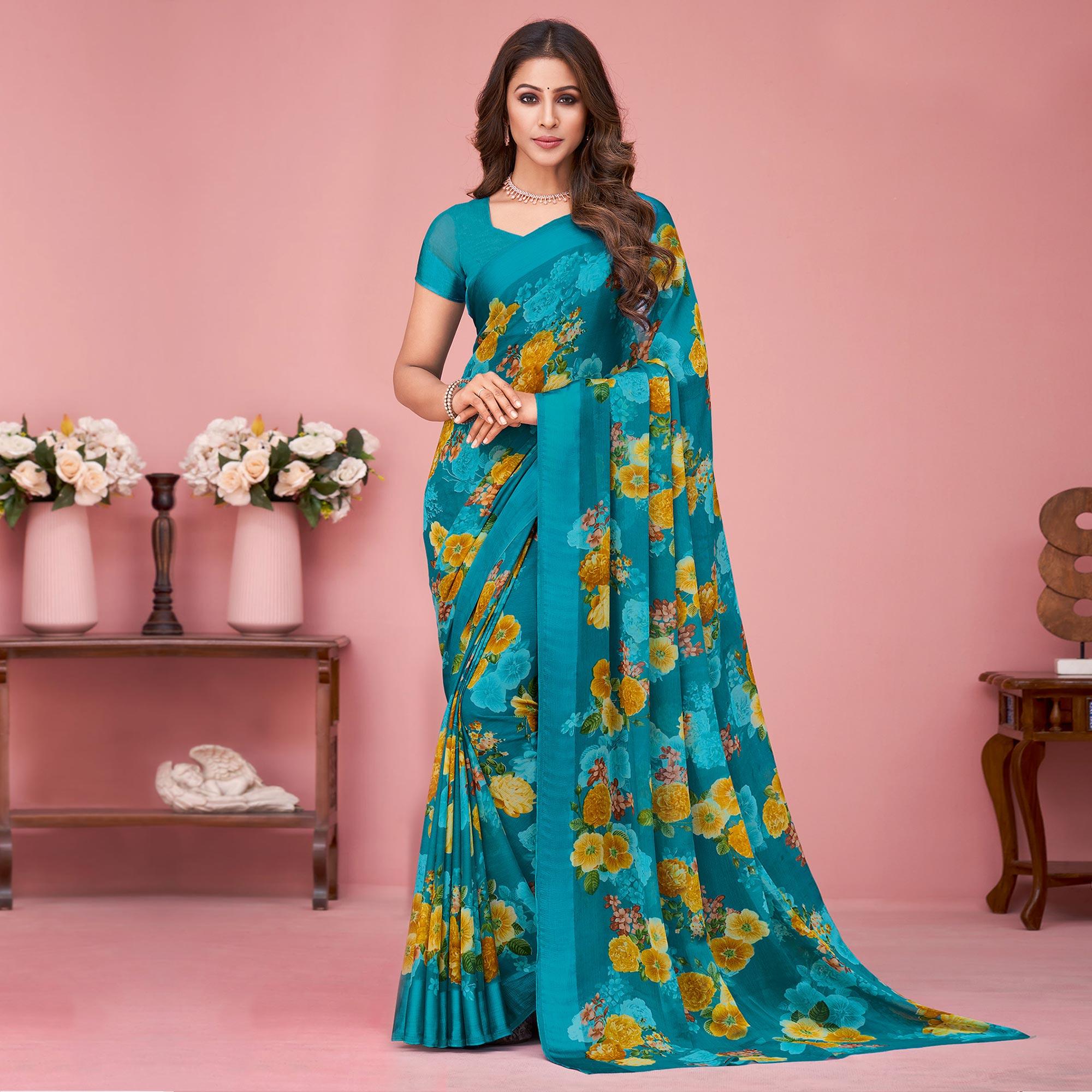 Blue Floral Printed Chiffon Saree - Peachmode