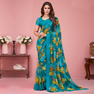 Blue Floral Printed Chiffon Saree - Peachmode
