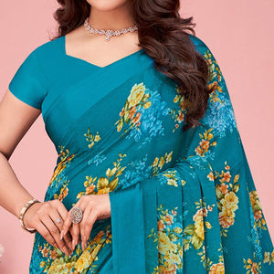 Blue Floral Printed Chiffon Saree - Peachmode