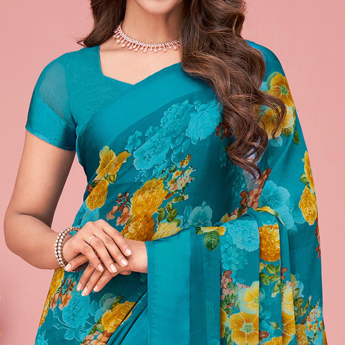 Blue Floral Printed Chiffon Saree - Peachmode