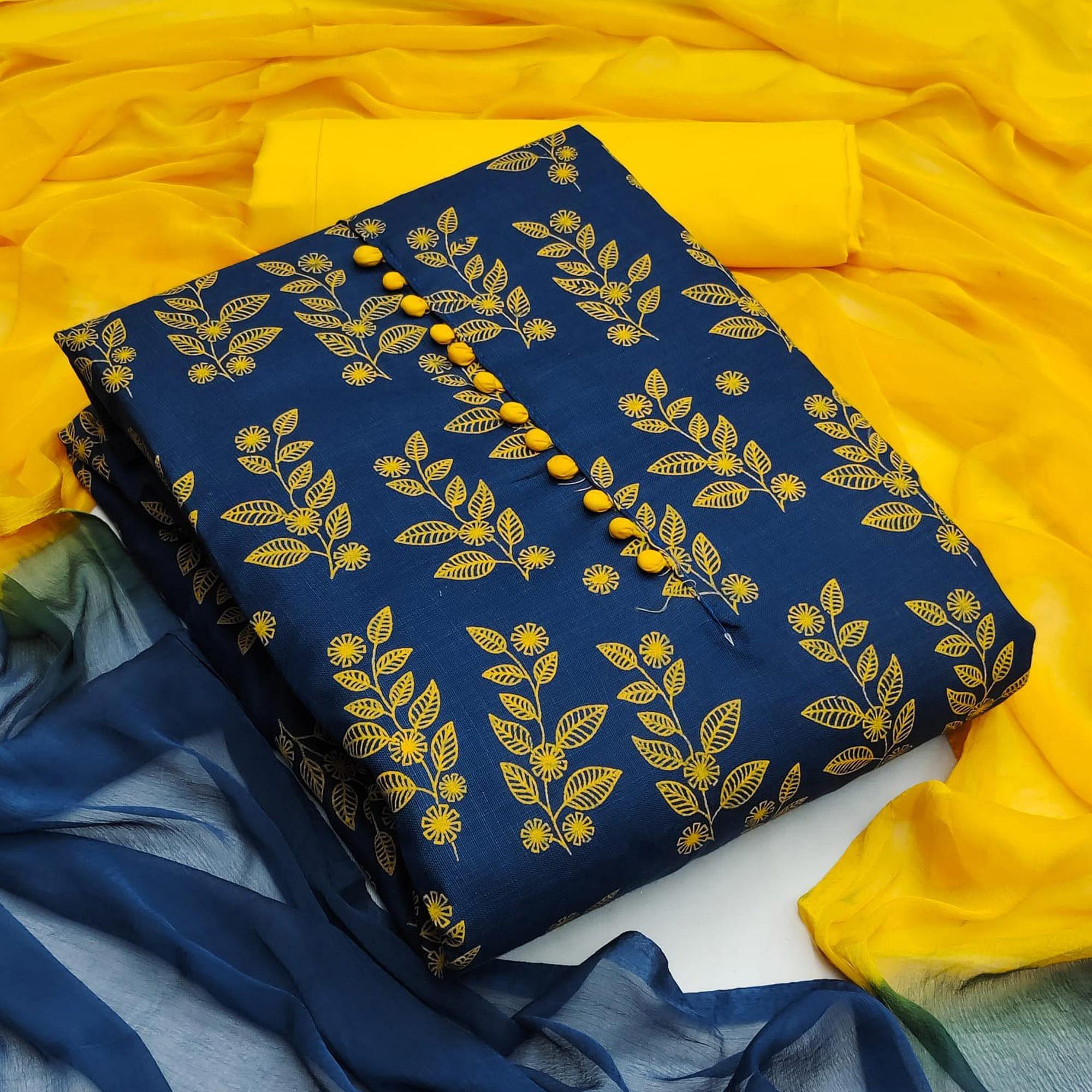 Blue Floral Printed Cotton Dress Material - Peachmode
