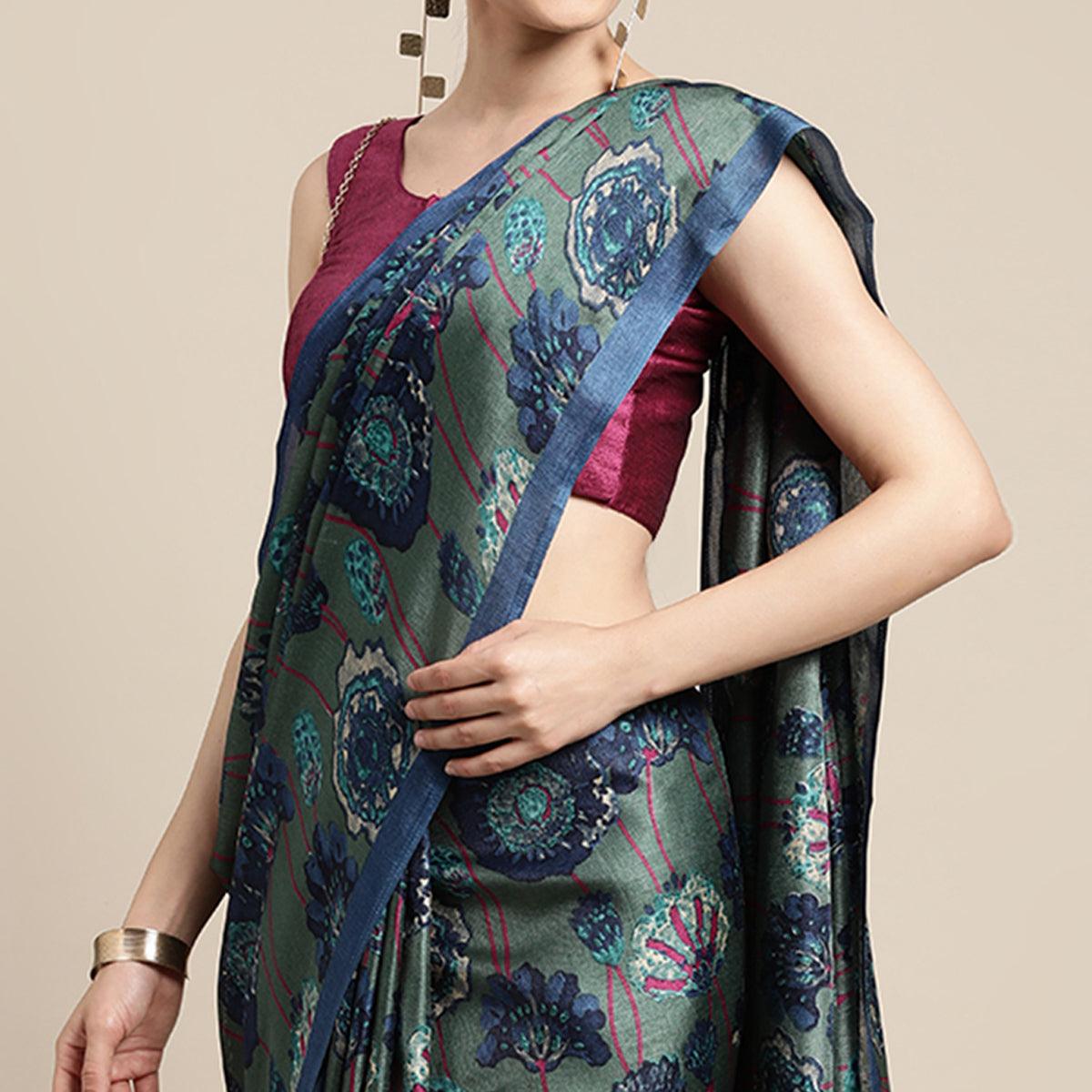 Blue Floral Printed Cotton Silk Saree - Peachmode