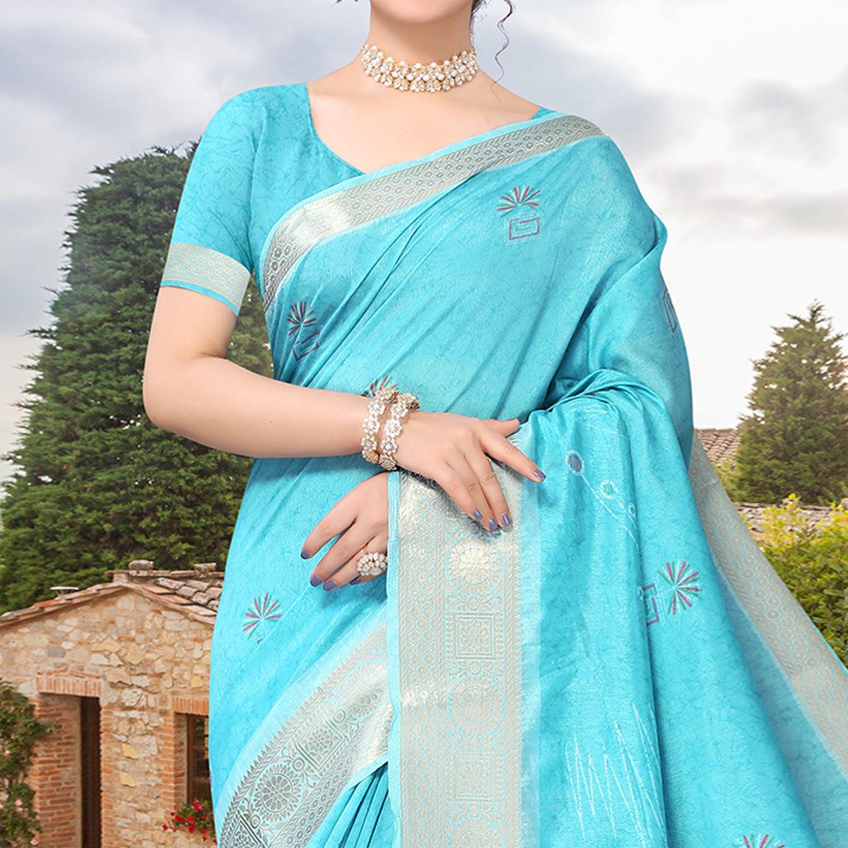 Blue Floral Printed Dola Silk Saree - Peachmode