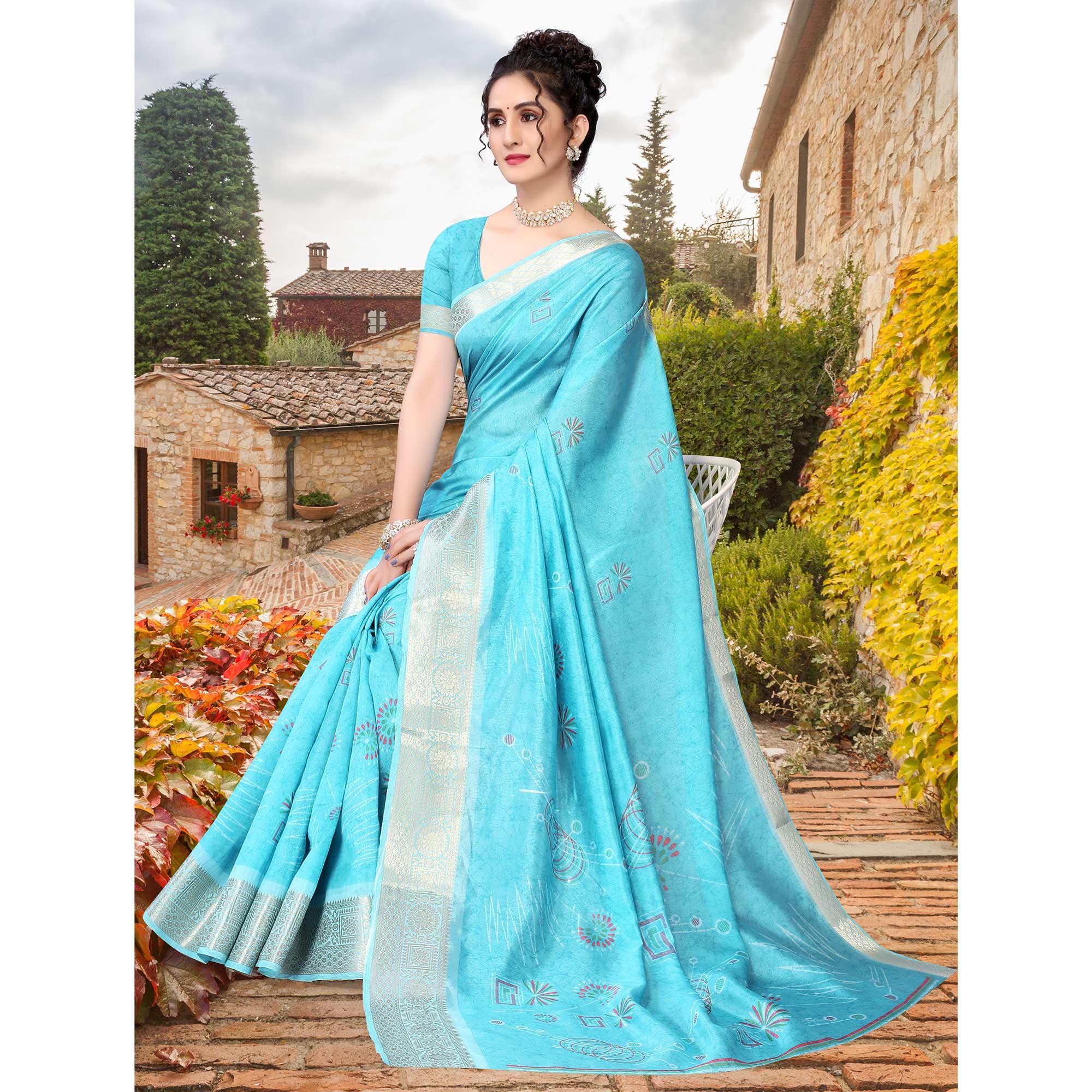 Blue Floral Printed Dola Silk Saree - Peachmode