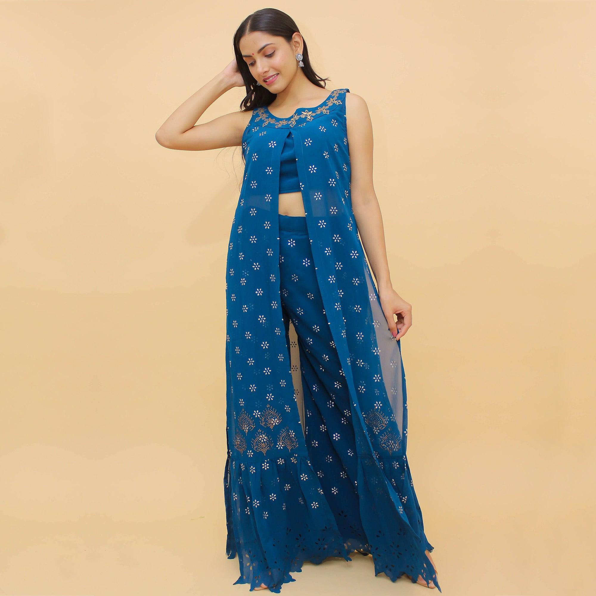 Blue Floral Printed Georgette Partywear Suit - Peachmode