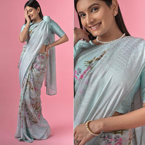 Blue Floral Printed Georgette Saree - Peachmode