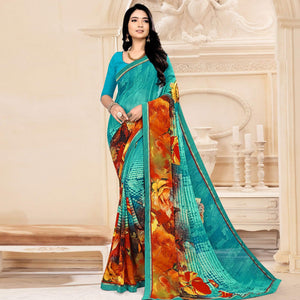 Blue Floral Printed Georgette Saree - Peachmode