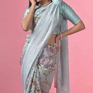 Blue Floral Printed Georgette Saree - Peachmode