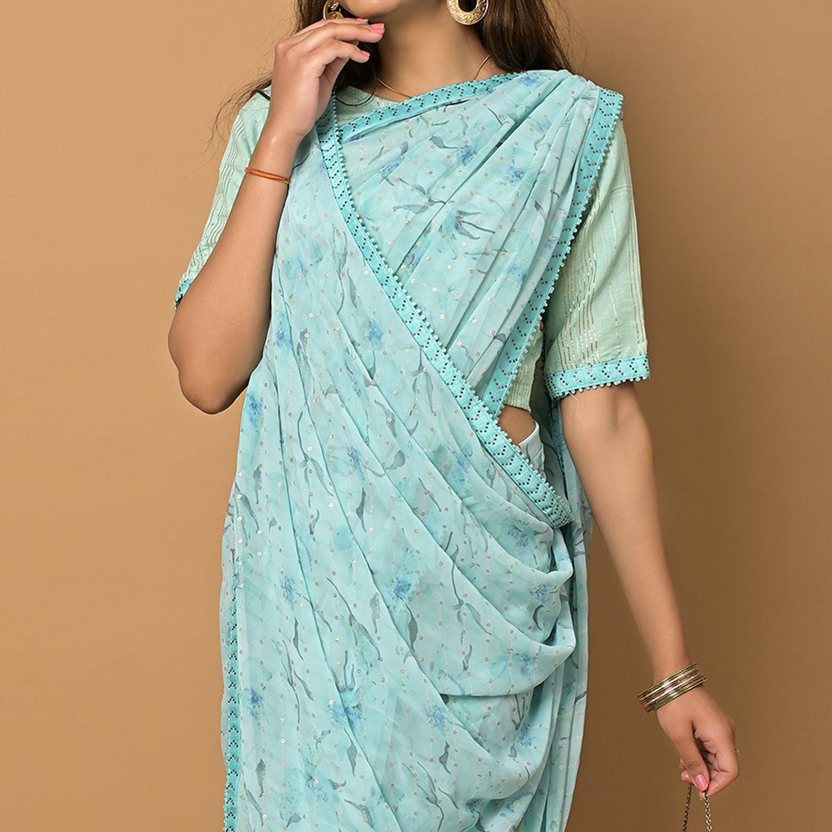 Blue Floral Printed Georgette Saree - Peachmode