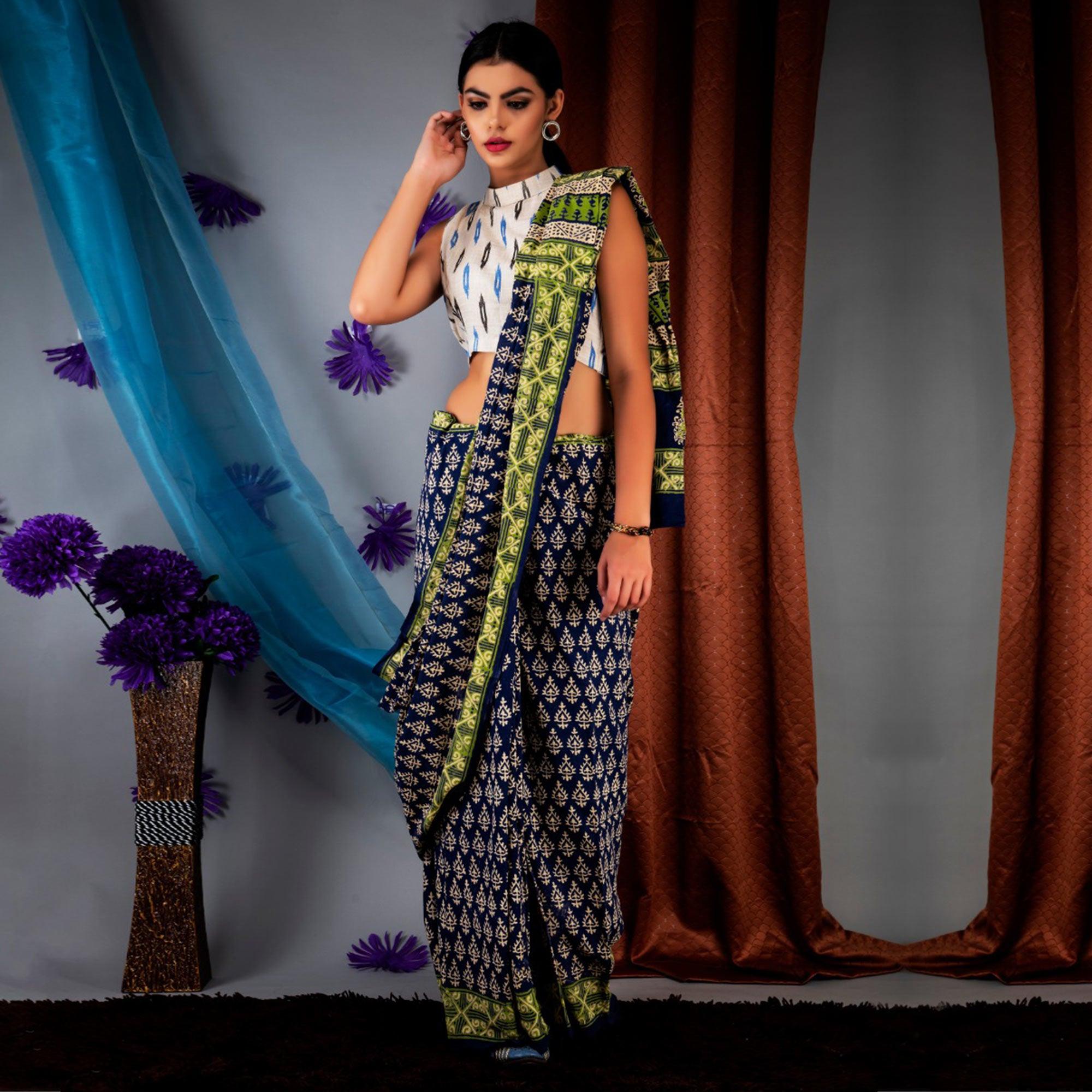 Blue Floral Printed Linen Saree - Peachmode