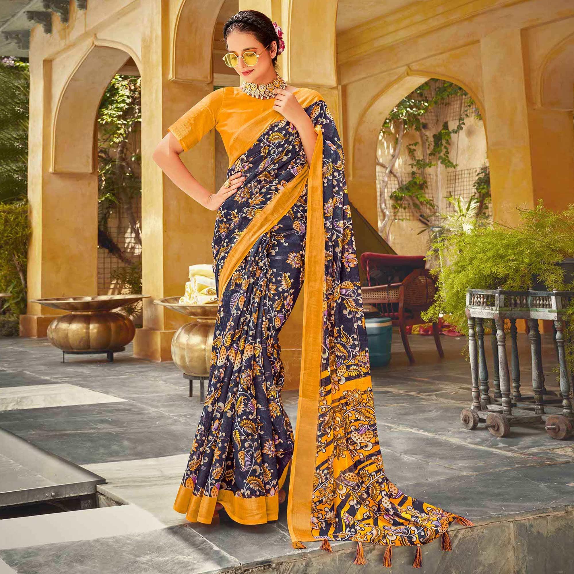 Blue Floral Printed Linen Saree - Peachmode