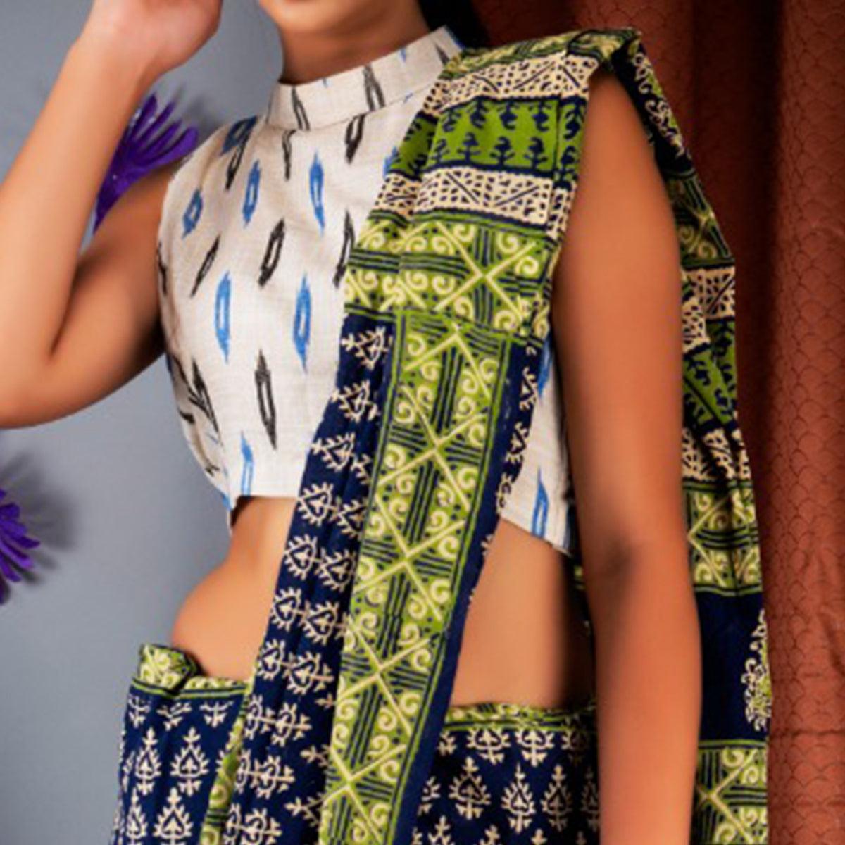 Blue Floral Printed Linen Saree - Peachmode