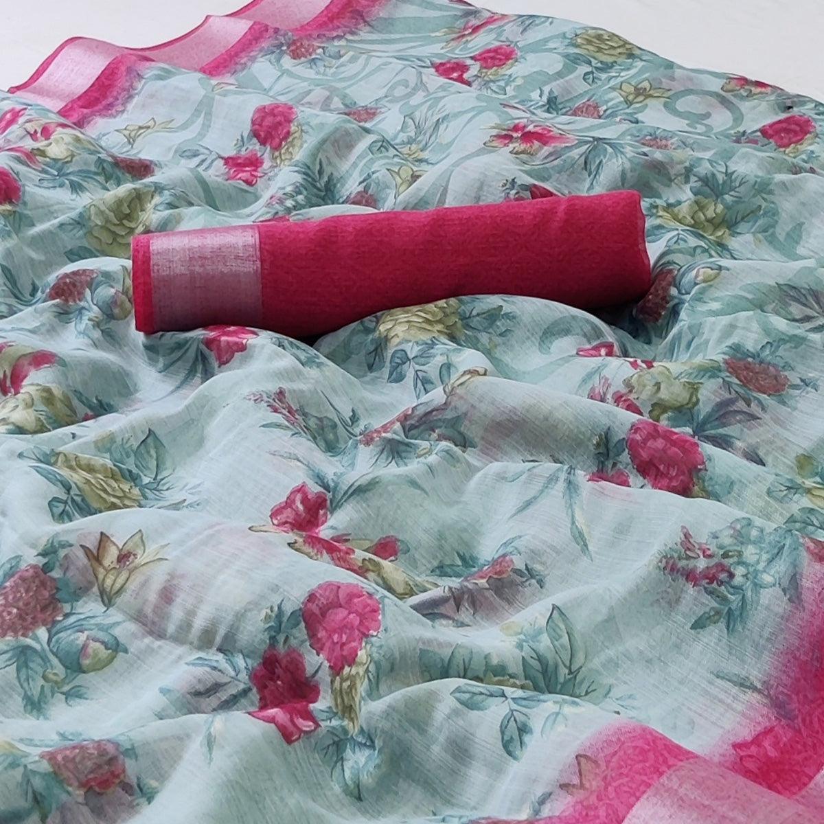 Blue Floral Printed Linen Saree - Peachmode