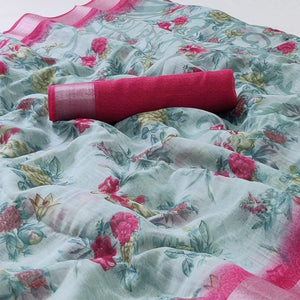 Blue Floral Printed Linen Saree - Peachmode