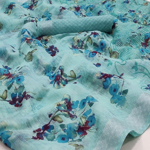 Blue Floral Printed Linen Saree - Peachmode