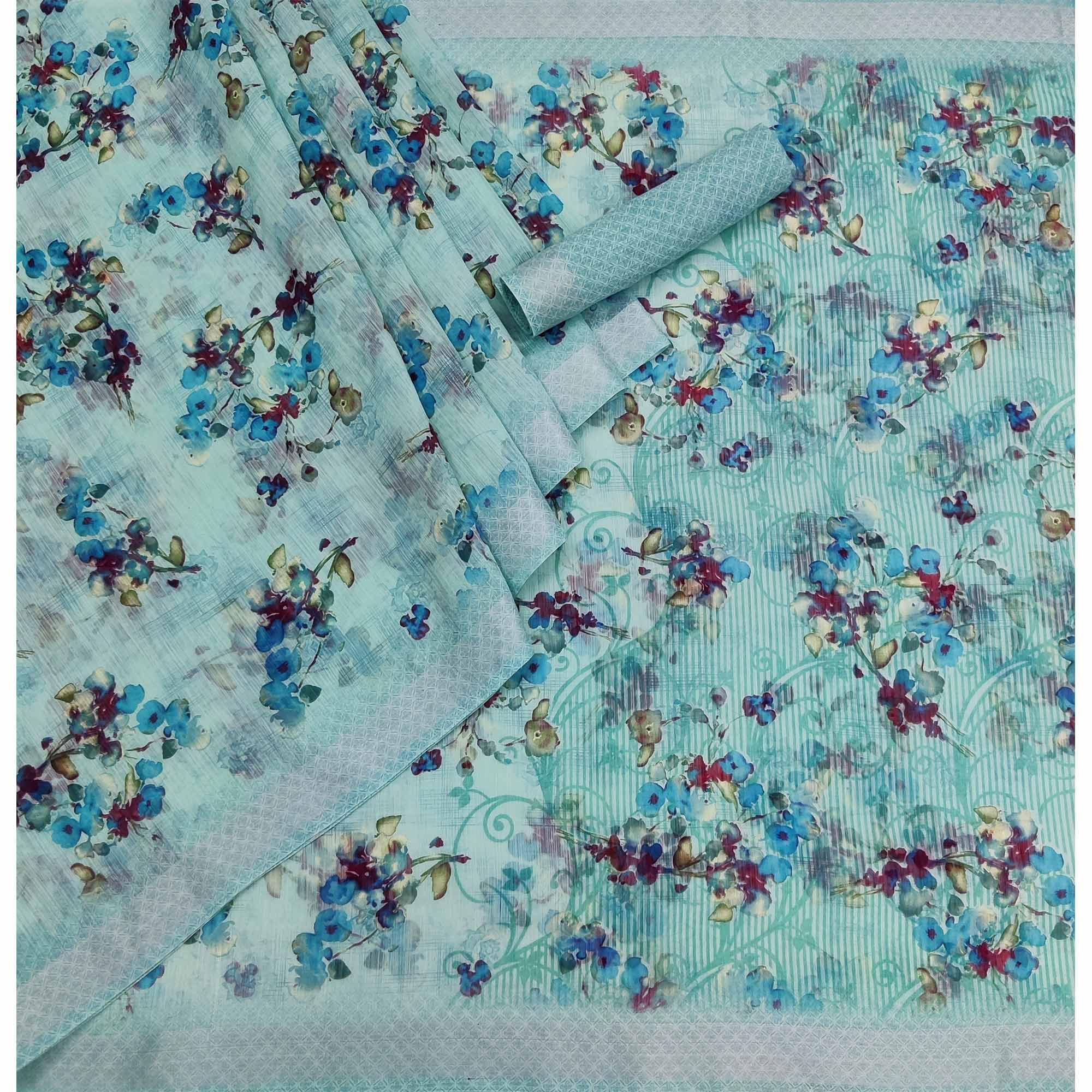 Blue Floral Printed Linen Saree - Peachmode