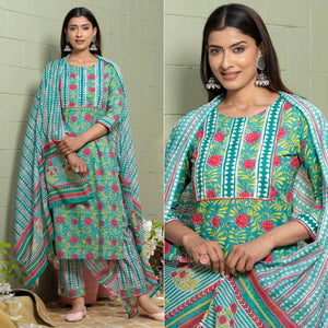 Blue Floral Printed Poly Cotton Kurti Pant Set With Dupatta - Peachmode