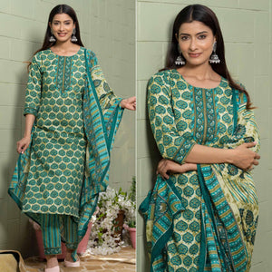 Blue Floral Printed Poly Cotton Kurti Pant Set With Dupatta - Peachmode