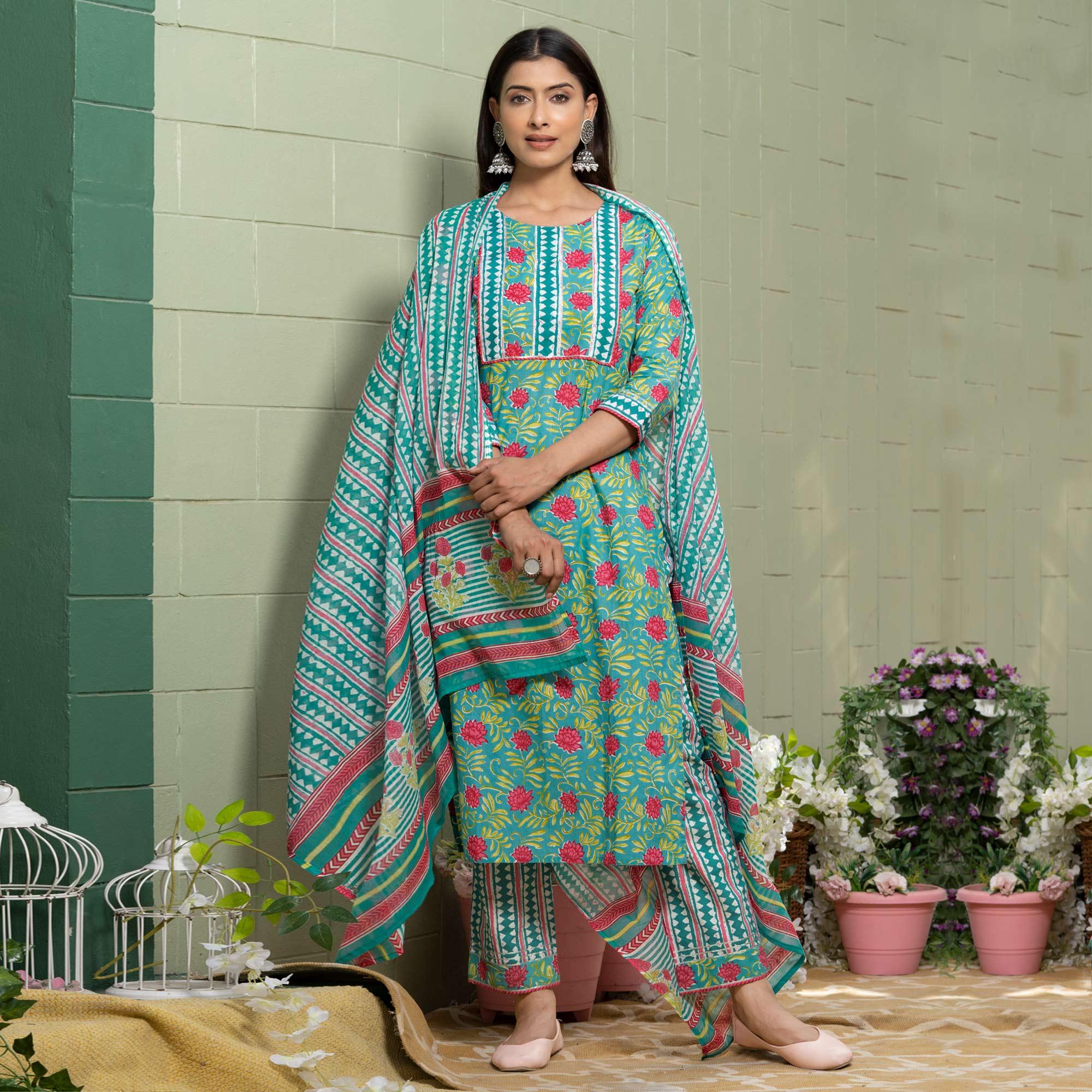 Blue Floral Printed Poly Cotton Kurti Pant Set With Dupatta - Peachmode