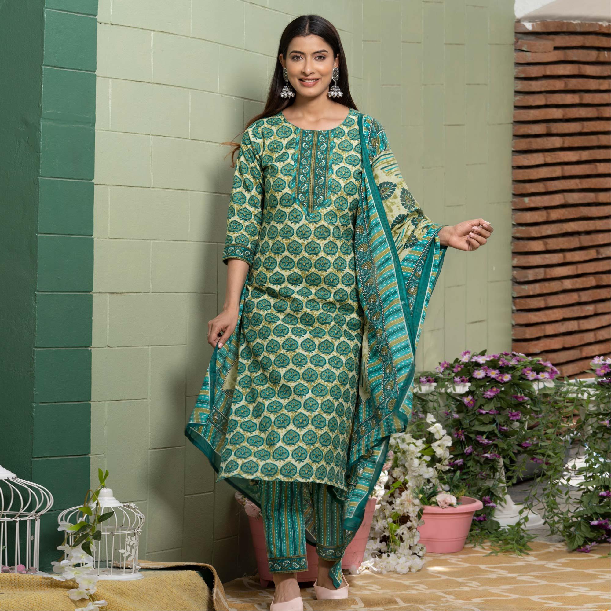 Blue Floral Printed Poly Cotton Kurti Pant Set With Dupatta - Peachmode