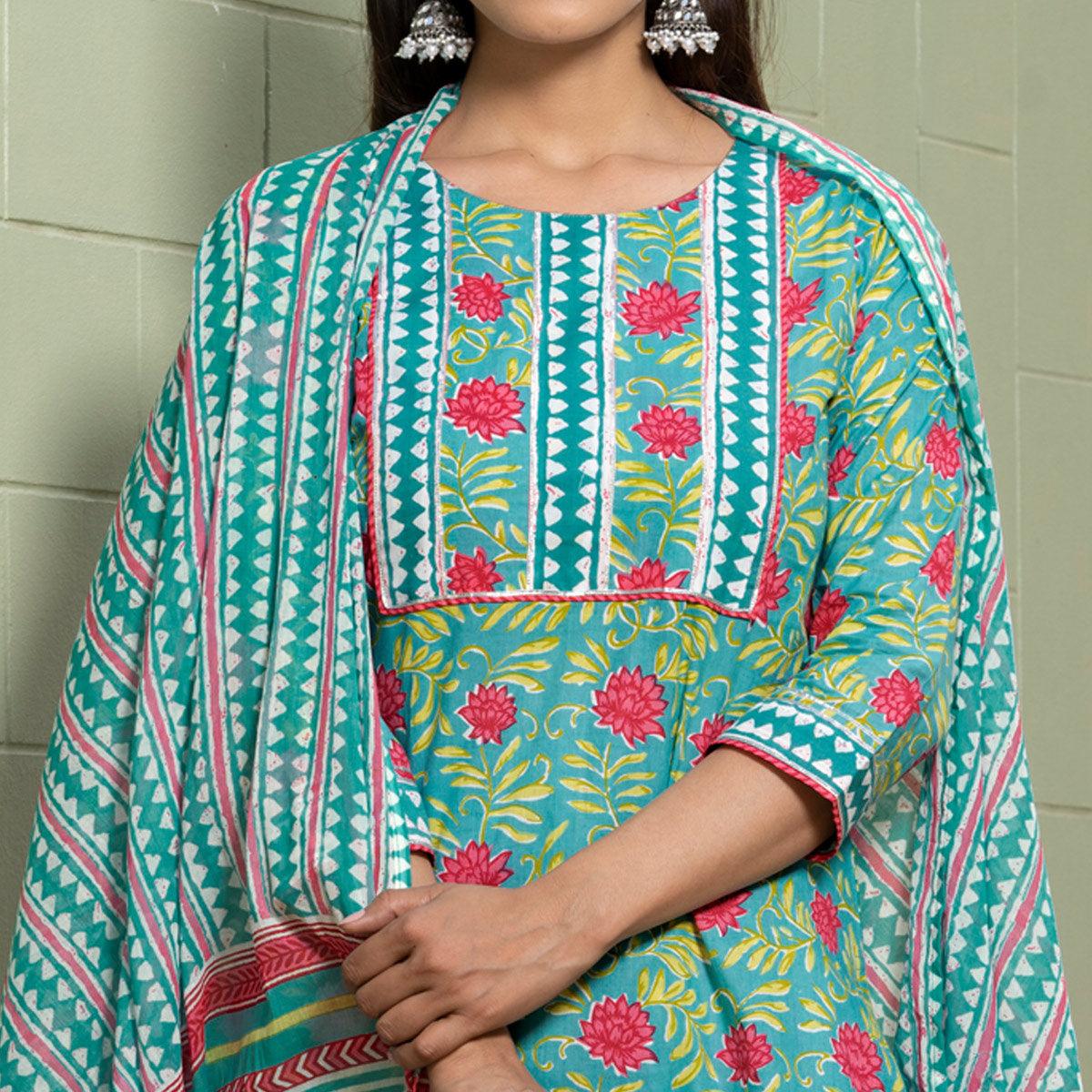 Blue Floral Printed Poly Cotton Kurti Pant Set With Dupatta - Peachmode