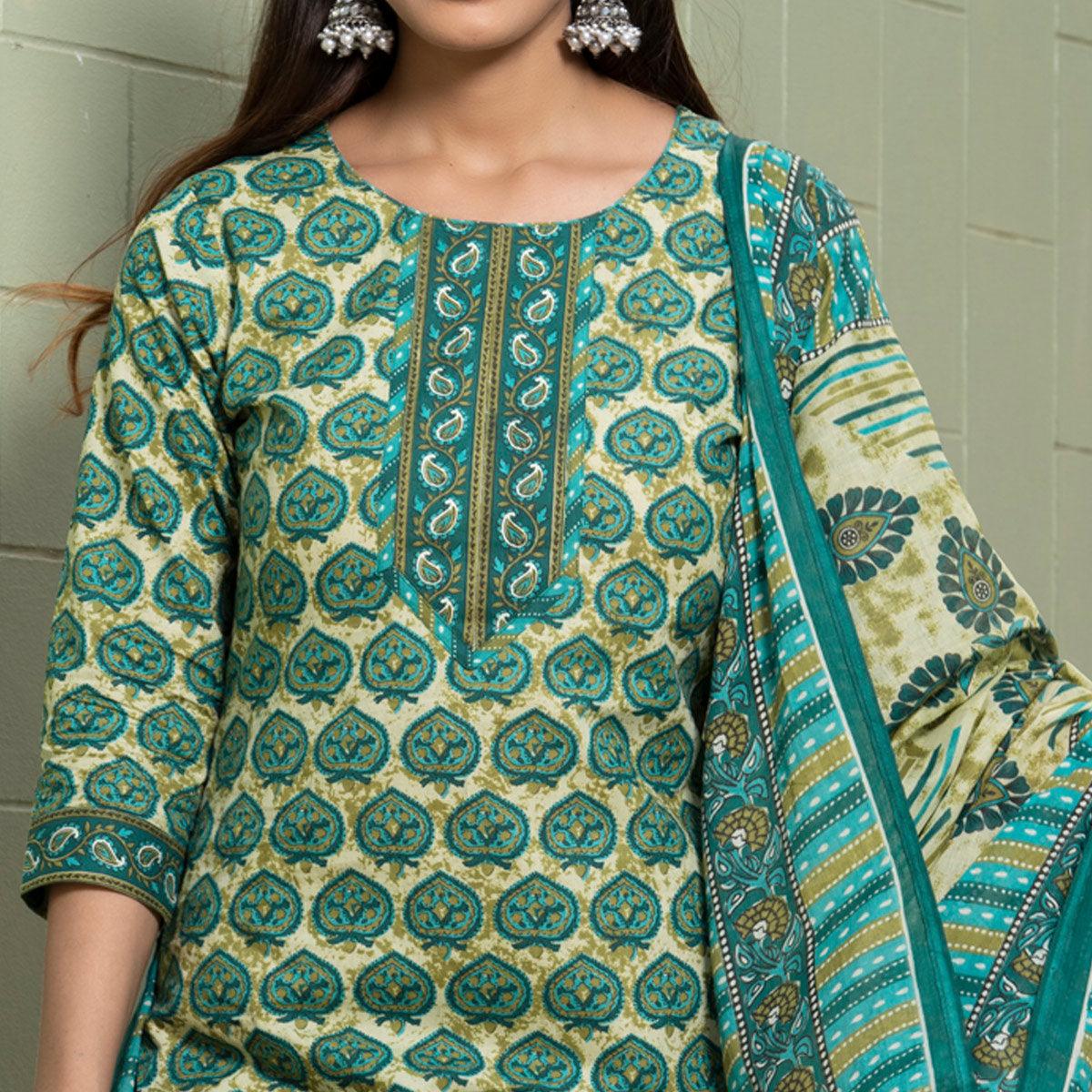 Blue Floral Printed Poly Cotton Kurti Pant Set With Dupatta - Peachmode