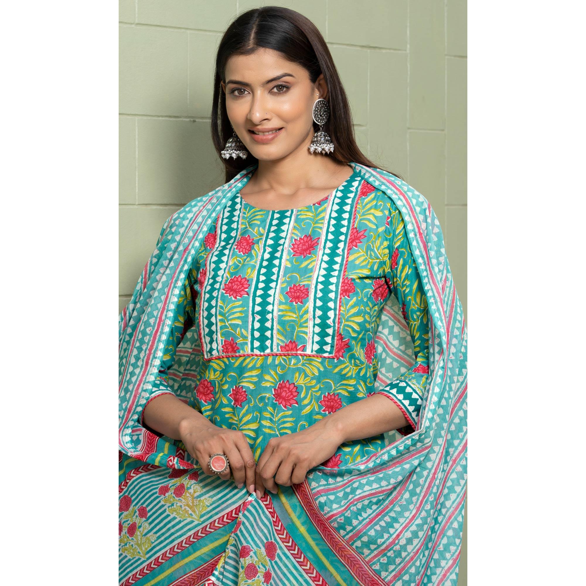 Blue Floral Printed Poly Cotton Kurti Pant Set With Dupatta - Peachmode