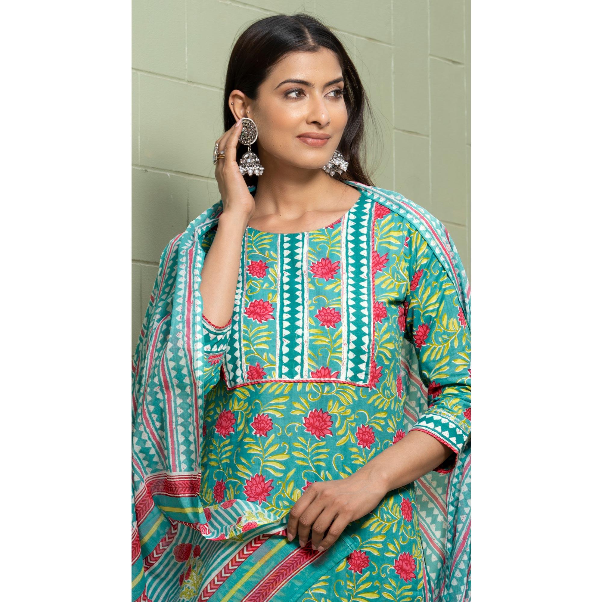 Blue Floral Printed Poly Cotton Kurti Pant Set With Dupatta - Peachmode