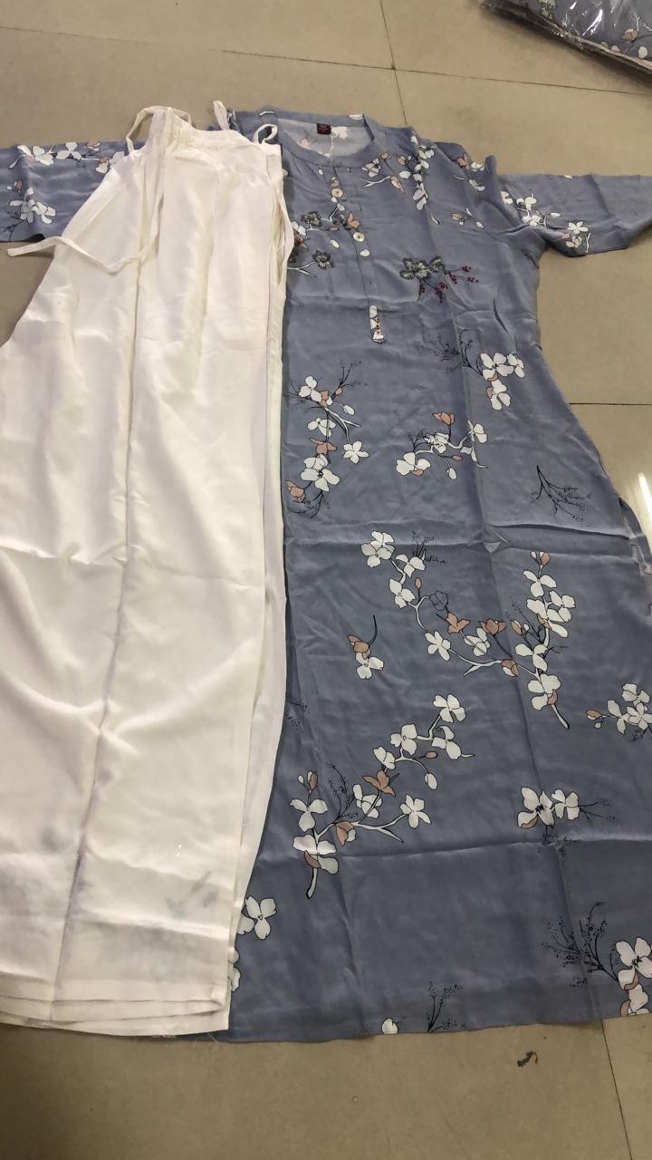 Blue Floral Printed Pue Cotton Kurti Palazzo Set - Peachmode