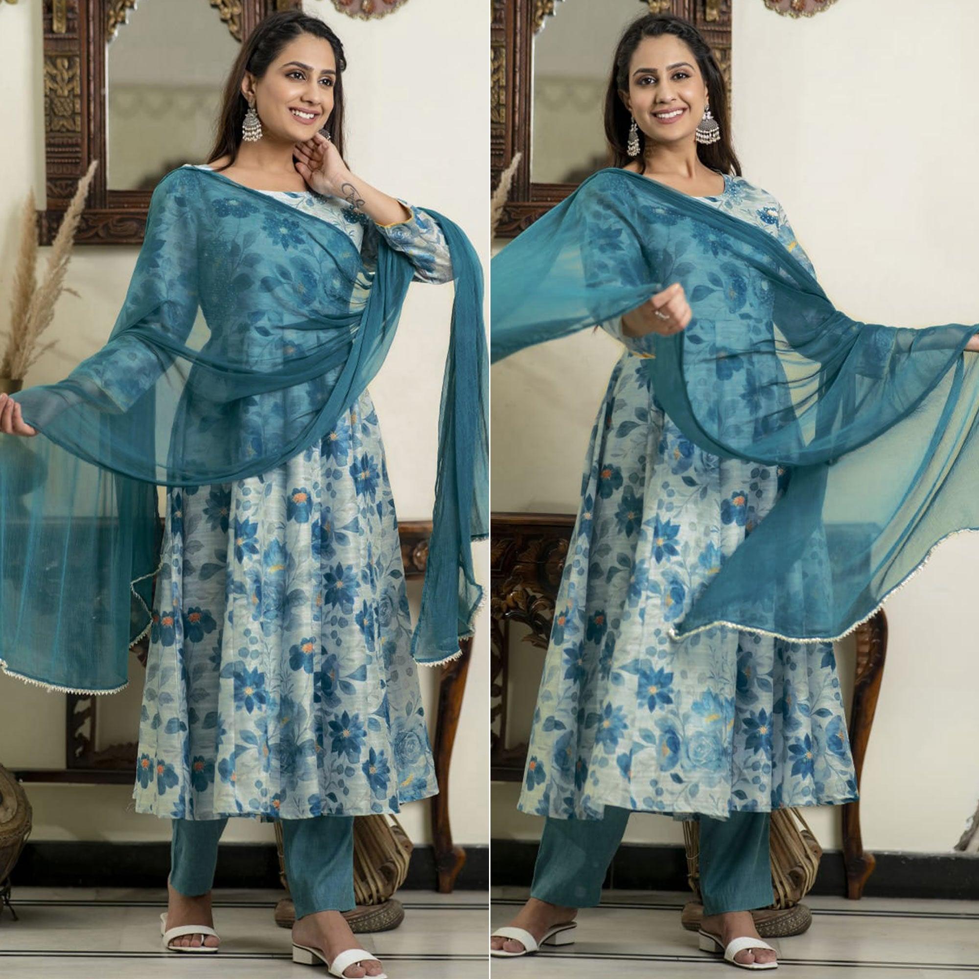 Blue Floral Printed Pure Cotton Anarkali Suit - Peachmode