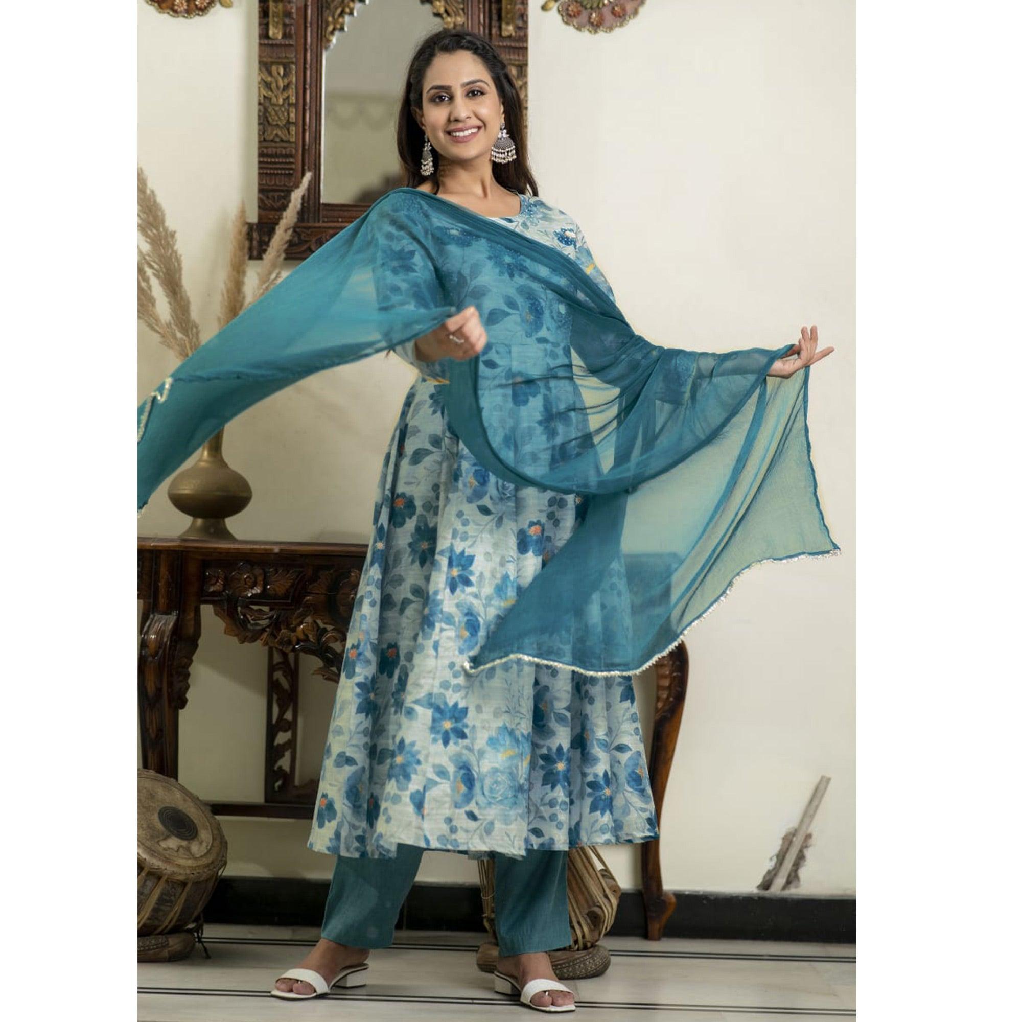Blue Floral Printed Pure Cotton Anarkali Suit - Peachmode