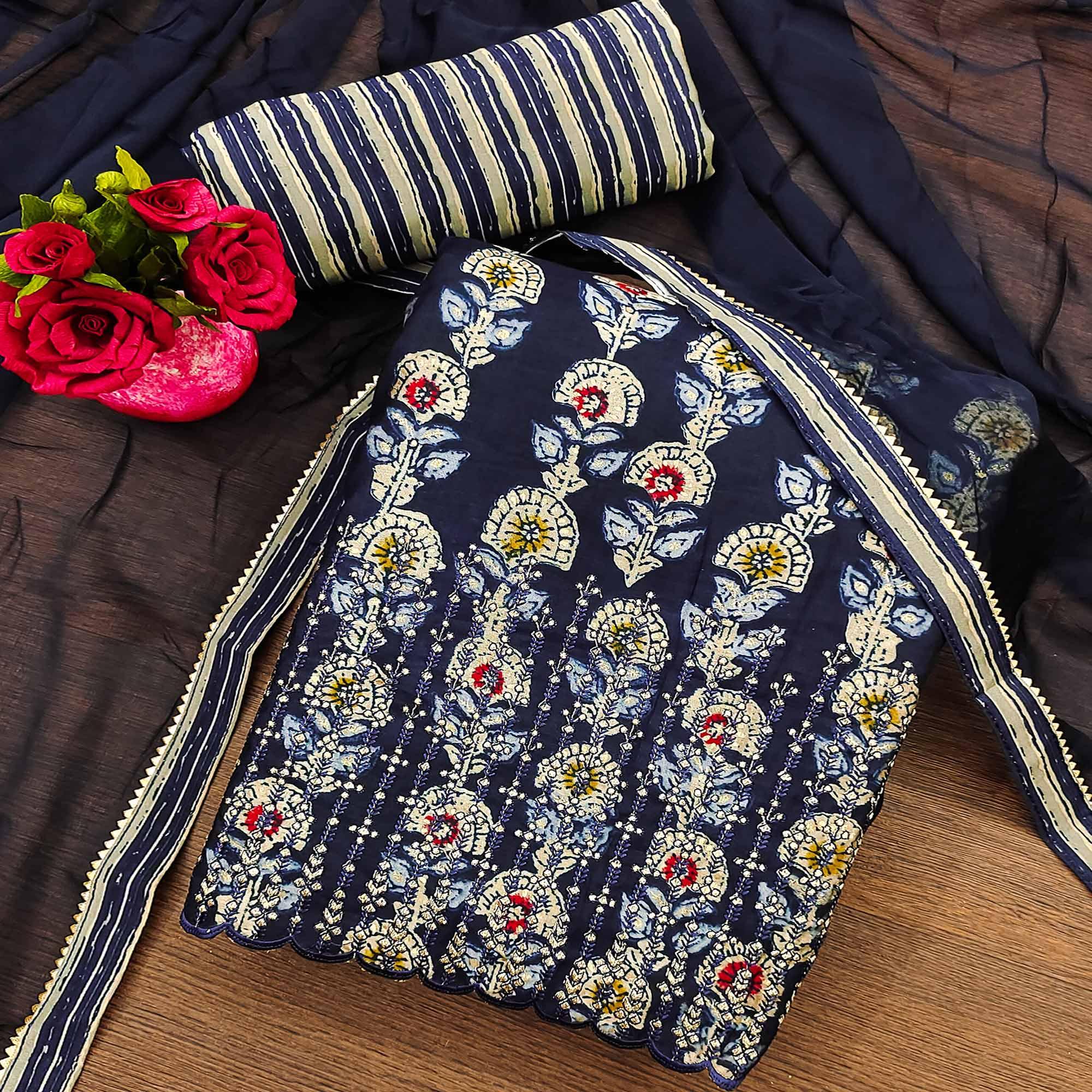 Blue Floral Printed Pure Cotton Dress Material - Peachmode