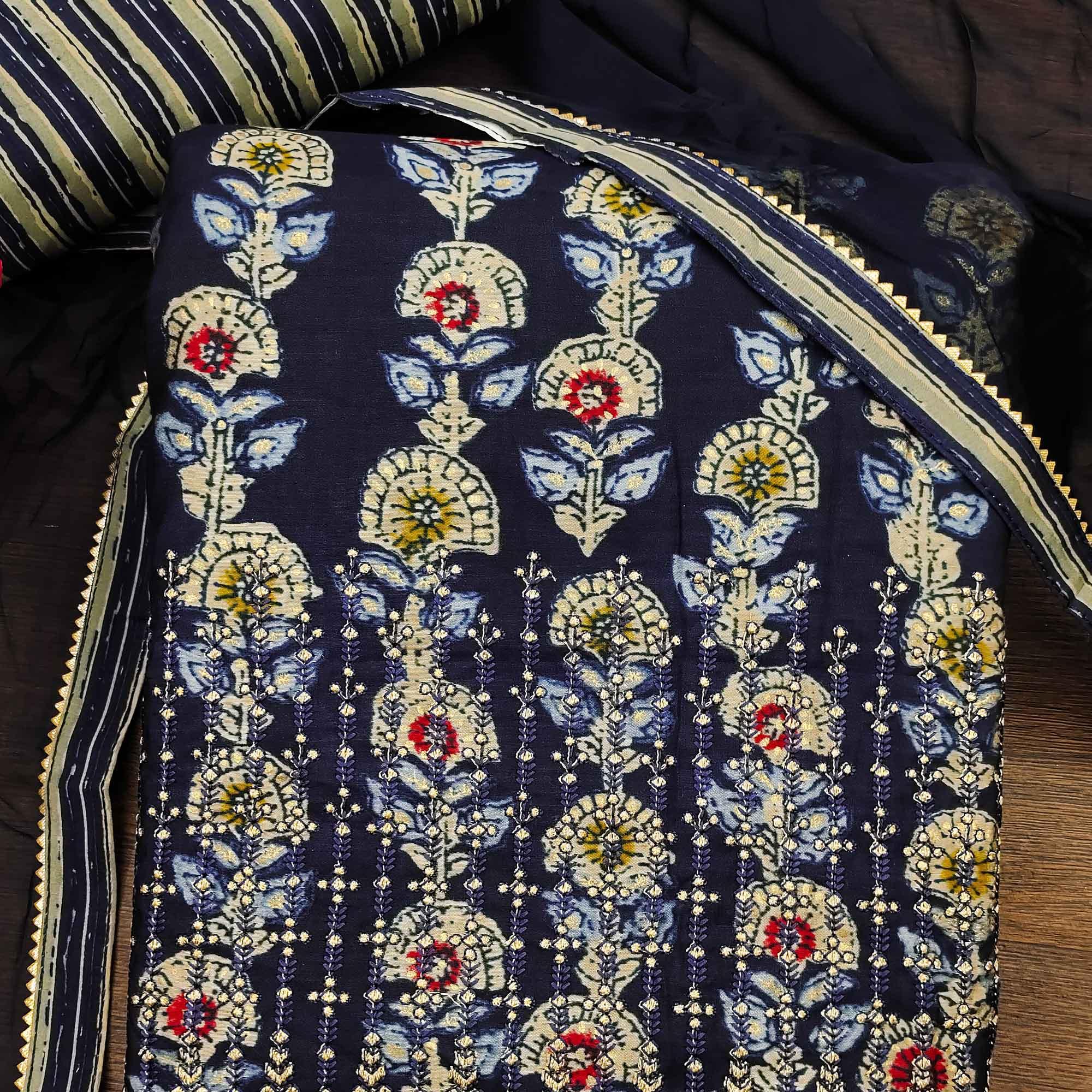 Blue Floral Printed Pure Cotton Dress Material - Peachmode