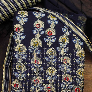 Blue Floral Printed Pure Cotton Dress Material - Peachmode