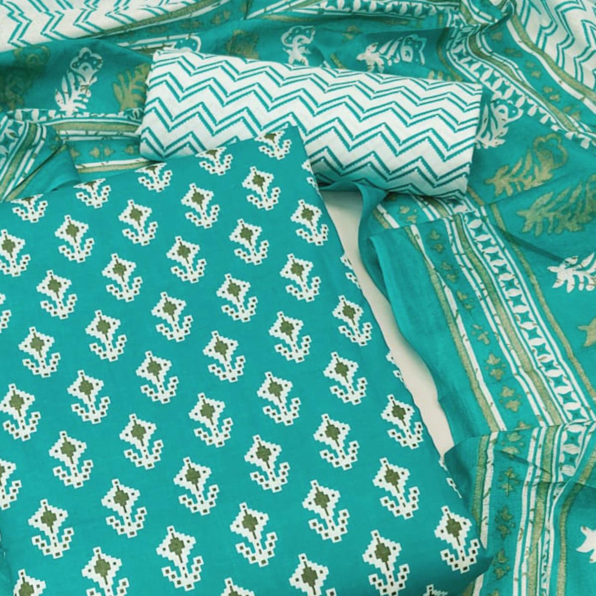 Blue Floral Printed Pure Cotton Dress Material - Peachmode