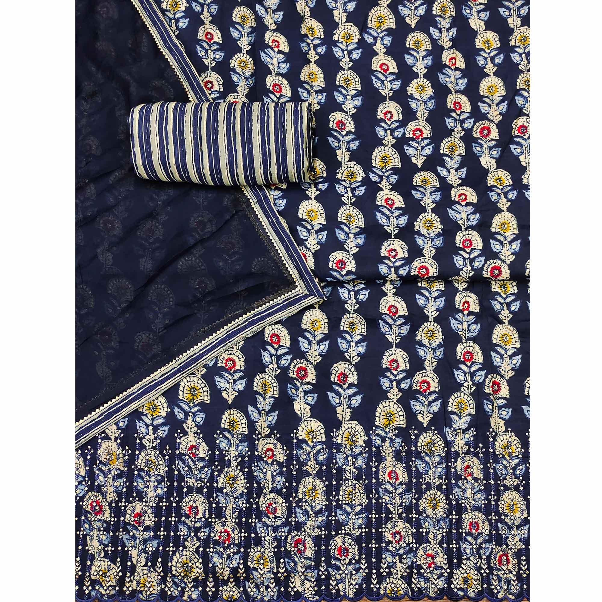 Blue Floral Printed Pure Cotton Dress Material - Peachmode