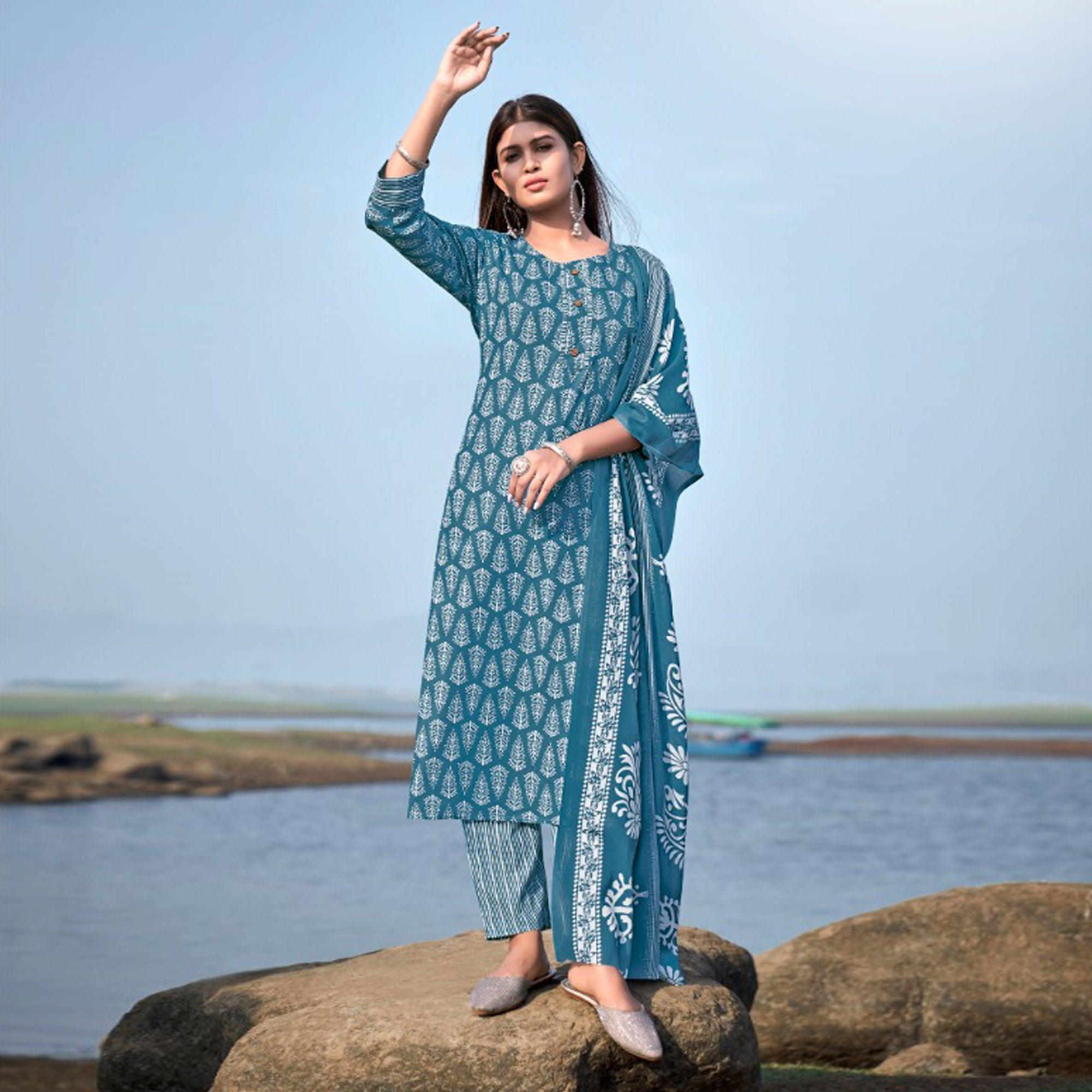 Blue Floral Printed Pure Cotton Kurti Pant Set With Dupatta - Peachmode