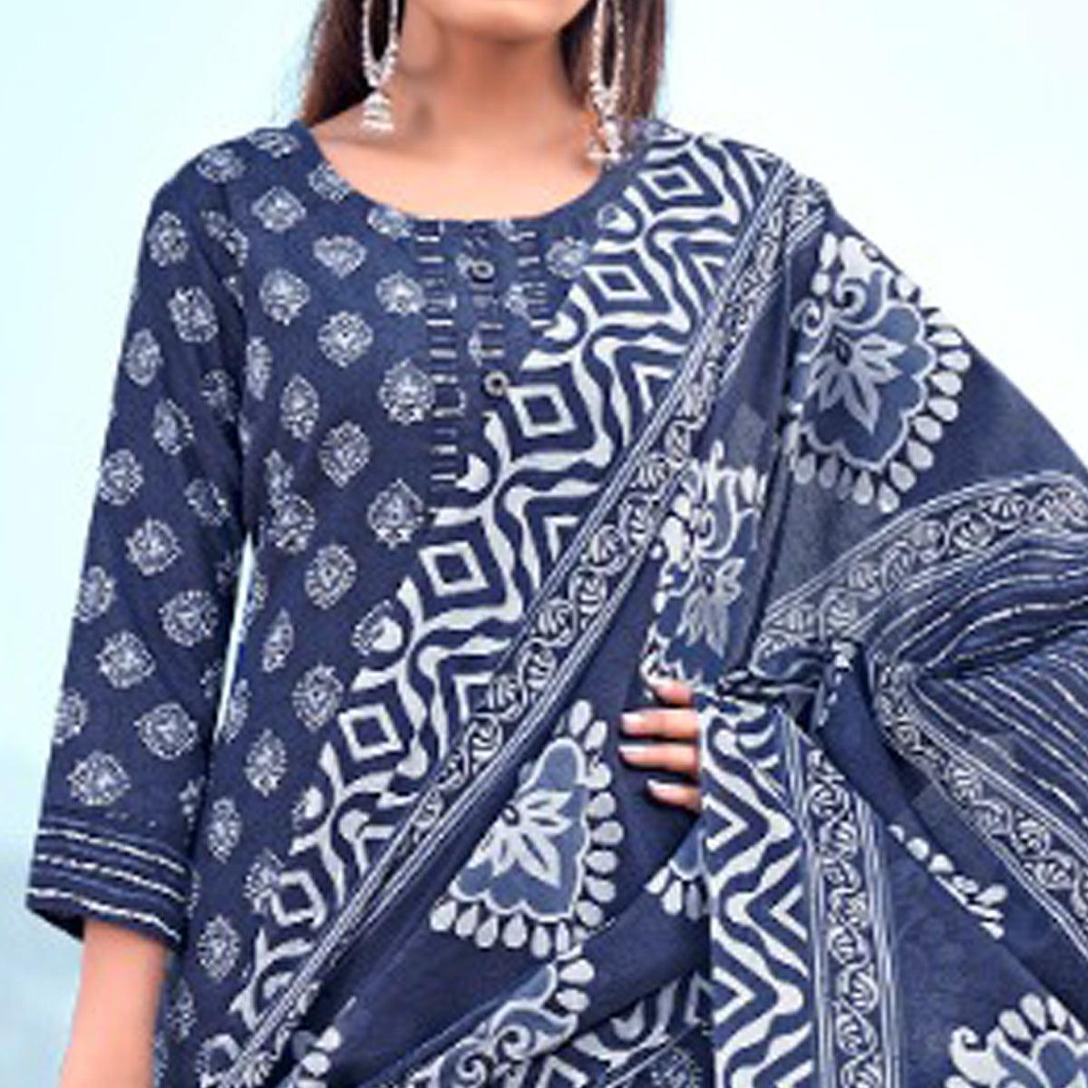 Blue Floral Printed Pure Cotton Kurti Pant Set With Dupatta - Peachmode