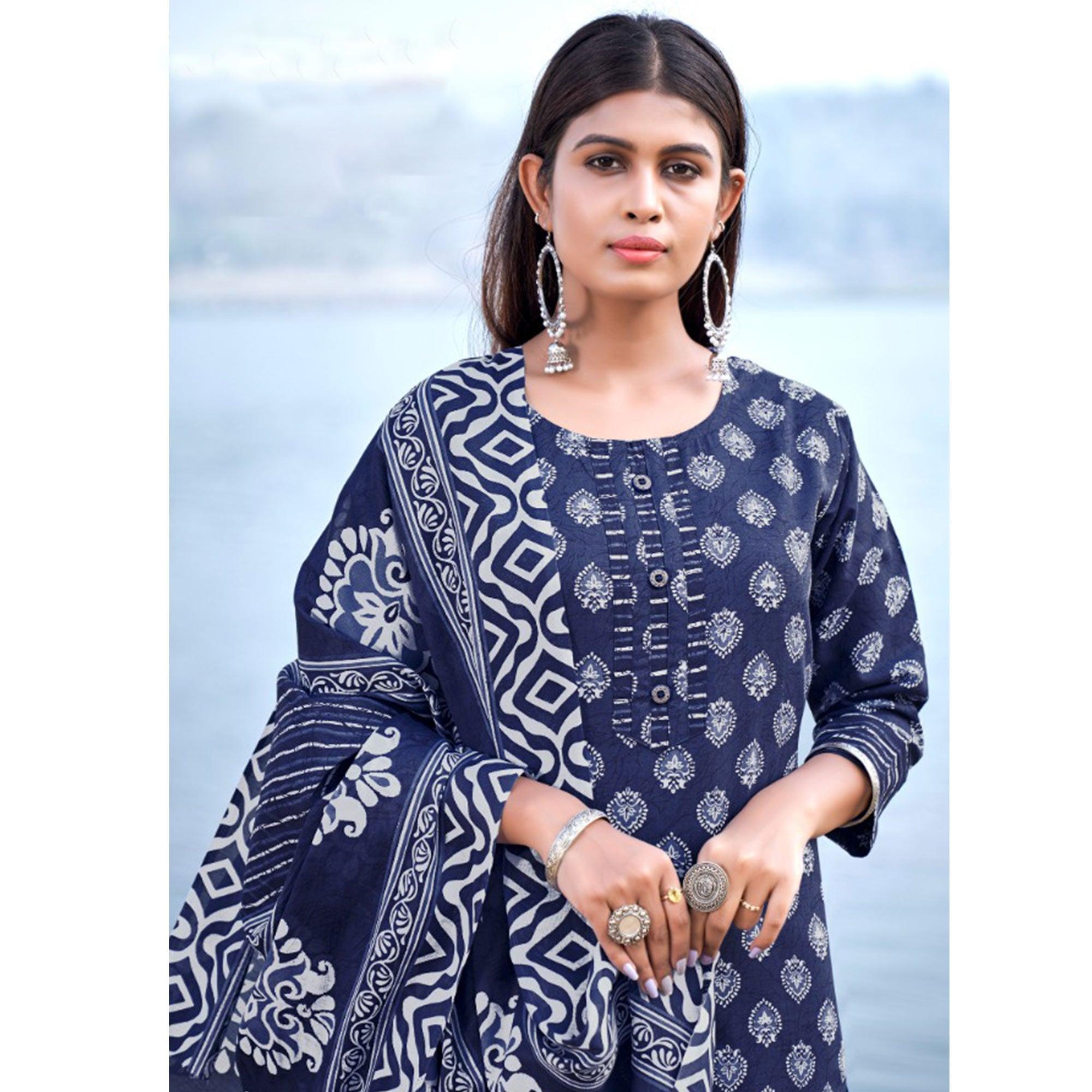 Blue Floral Printed Pure Cotton Kurti Pant Set With Dupatta - Peachmode